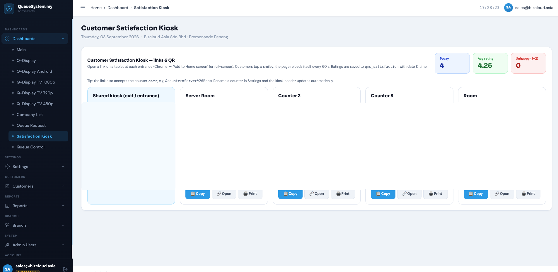 Satisfaction Kiosk links page in the admin portal with a card for the shared kiosk and one card per counter, each with Copy, Open and Print buttons