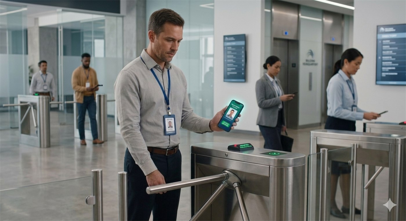 Employee scanning their badge at the tri-bar turnstile to check in