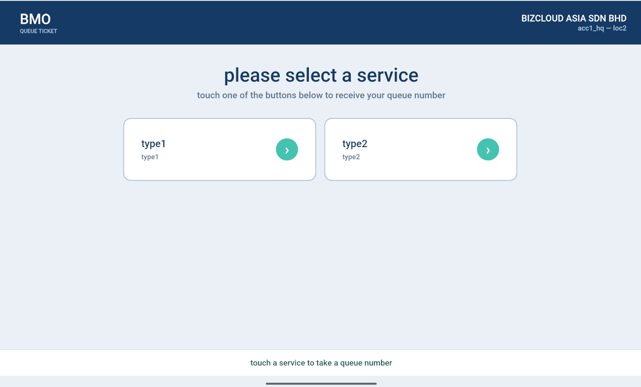 BMO App ticket generator running on a tablet for staff to issue queue numbers