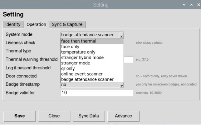 BMO TF device mode selection showing online event scanner and badge attendance scanner options
