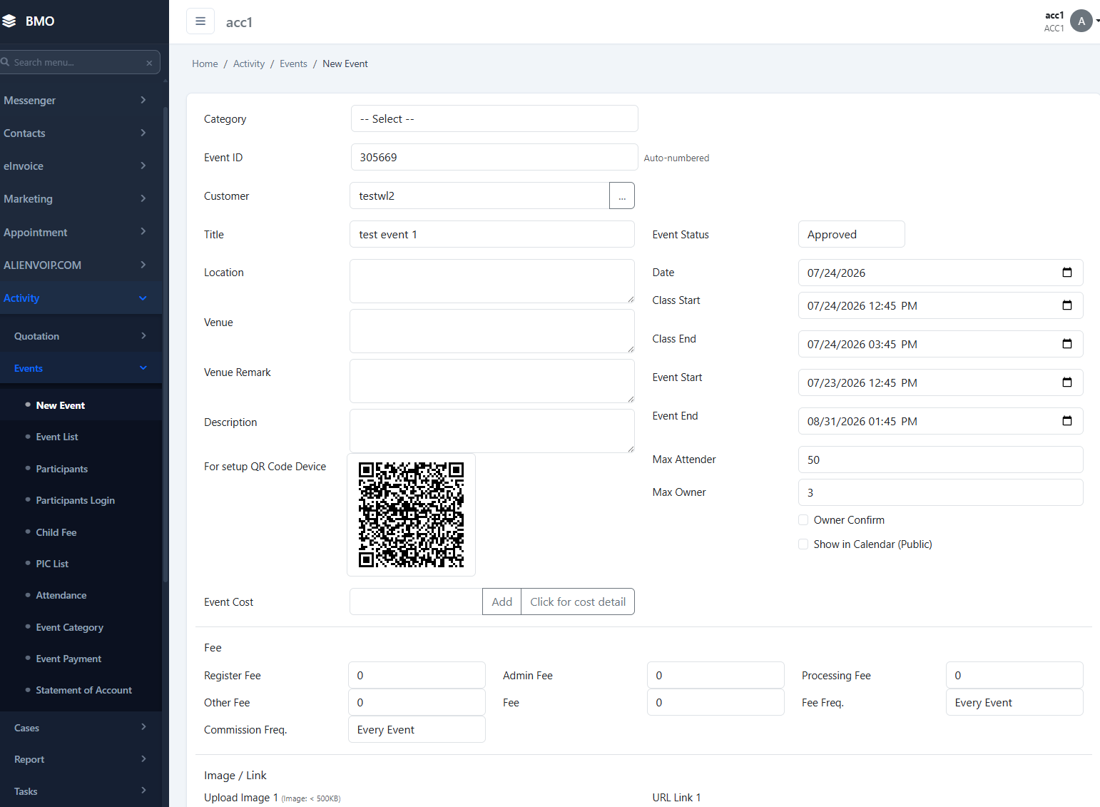 QR code generated by the web app for configuring an event scanner device