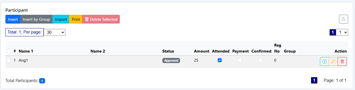 Online participant list showing registrations recorded against the event