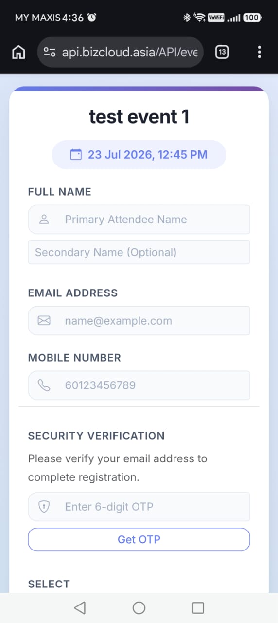 Event registration form opened on a phone after scanning the QR code