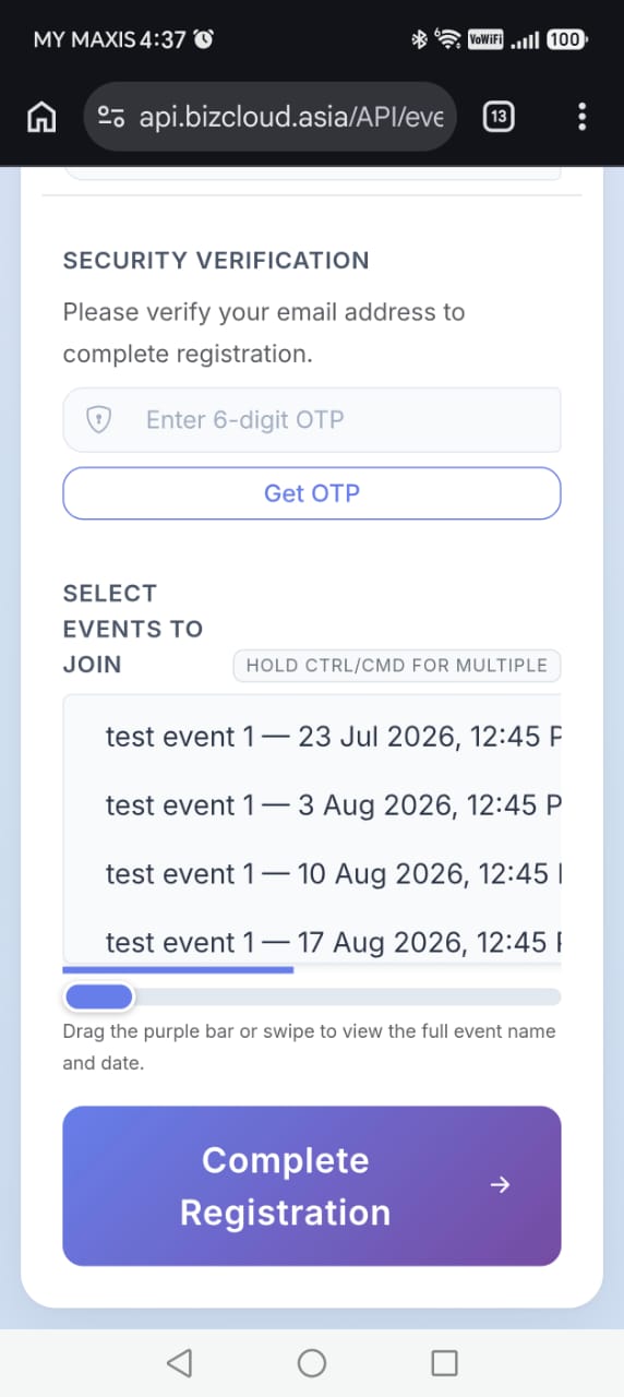 Registration form asking the guest to select which child event or session they are attending
