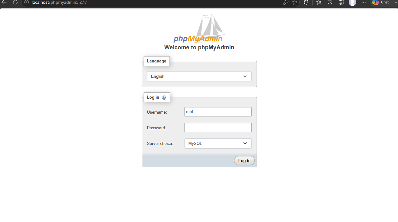 phpMyAdmin login screen served from the local WAMP server, with the MySQL server selected