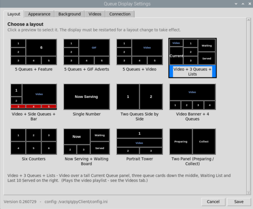 Queue Display Settings window showing the twelve selectable screen layouts