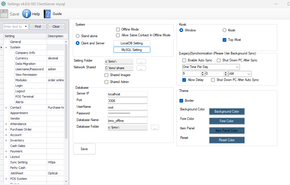 Queue Manager database settings showing the stand alone and client-and-server options with the database connection fields