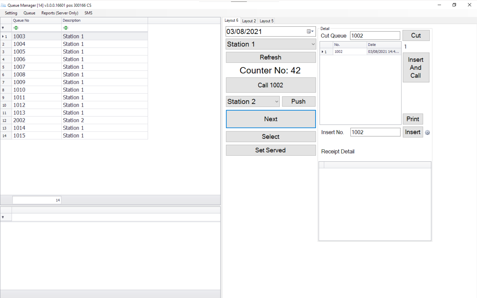 Windows Queue Manager showing the waiting list, the current counter and the call controls