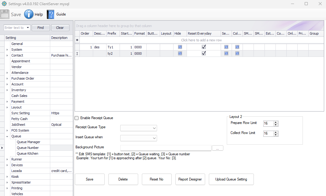 Setting for resetting the queue number series every day