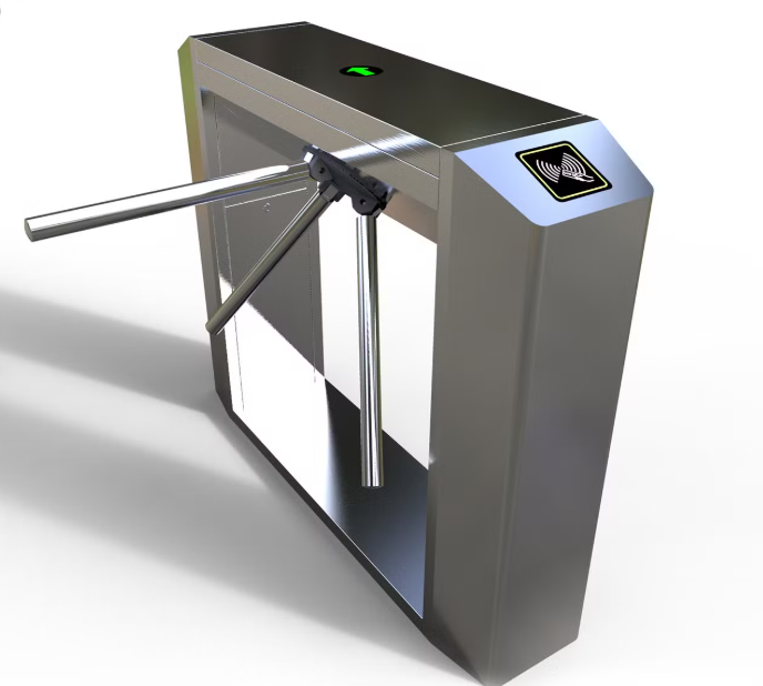 Tripod turnstile tri-bar access gate controlled by QR and badge scanning