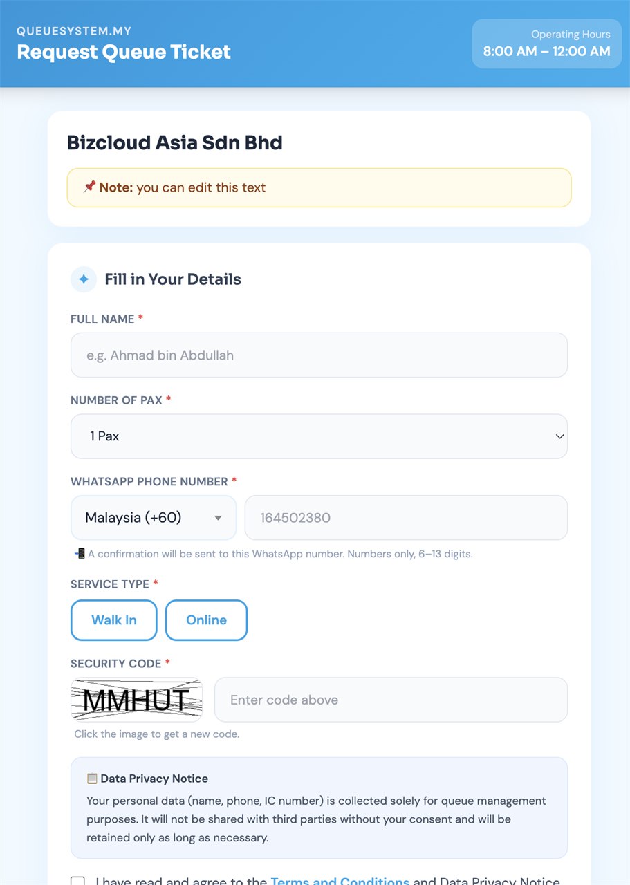 Queue request form on a phone asking for name, phone number and service type