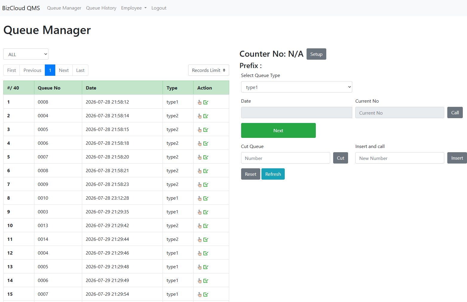 Web queue manager open in a browser showing counter controls
