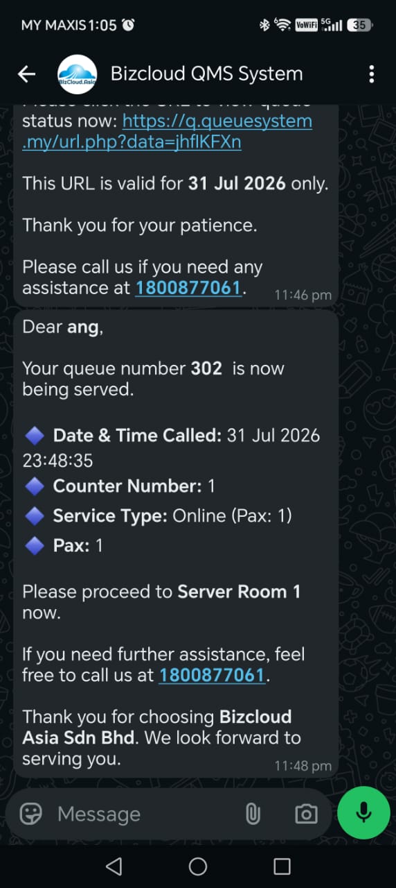 WhatsApp notification telling the customer their queue number is being called
