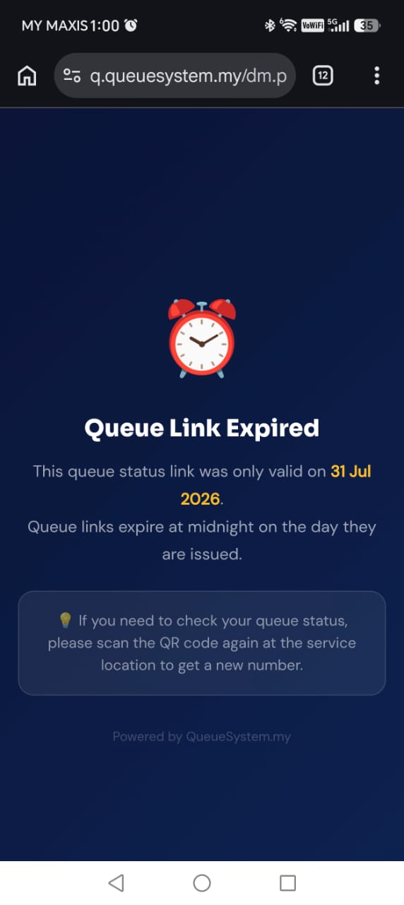 Expired queue link message shown to a customer after their visit is complete