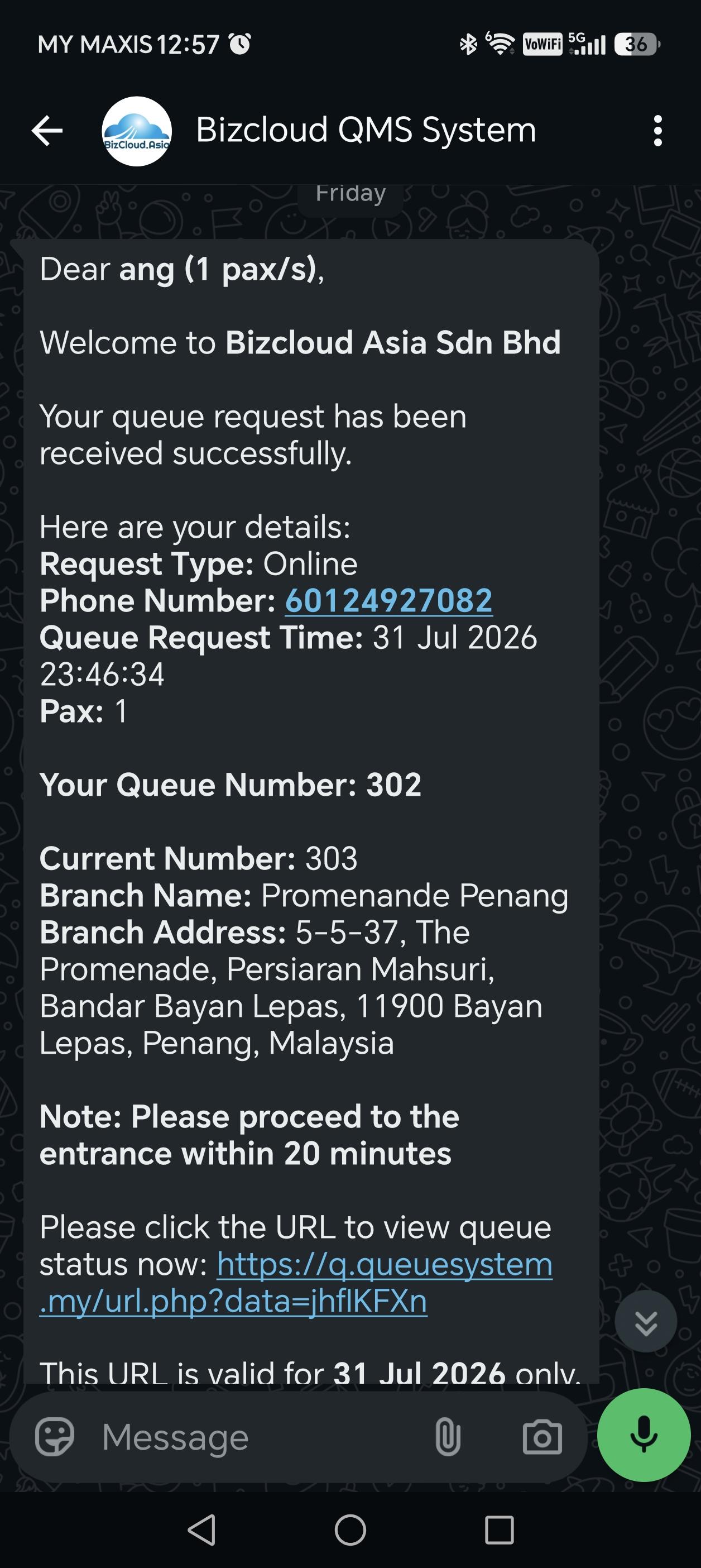 Queue number and current queue list sent to the customer on WhatsApp