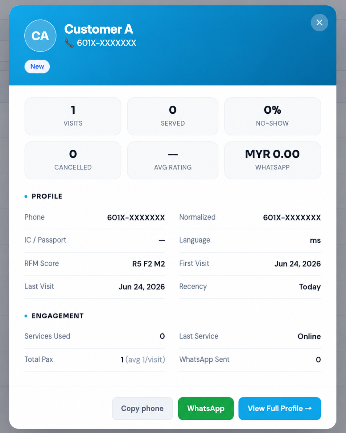 Customer quick-view card with stats, WhatsApp and view full profile