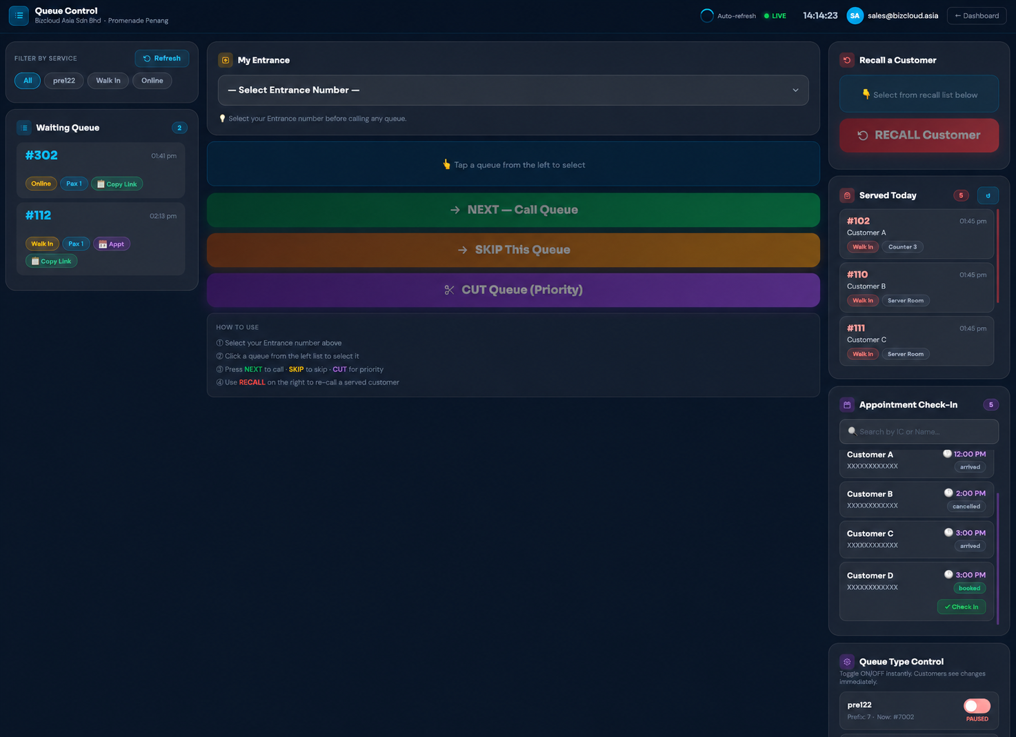 QMS Queue Control — Appointment Check-In panel