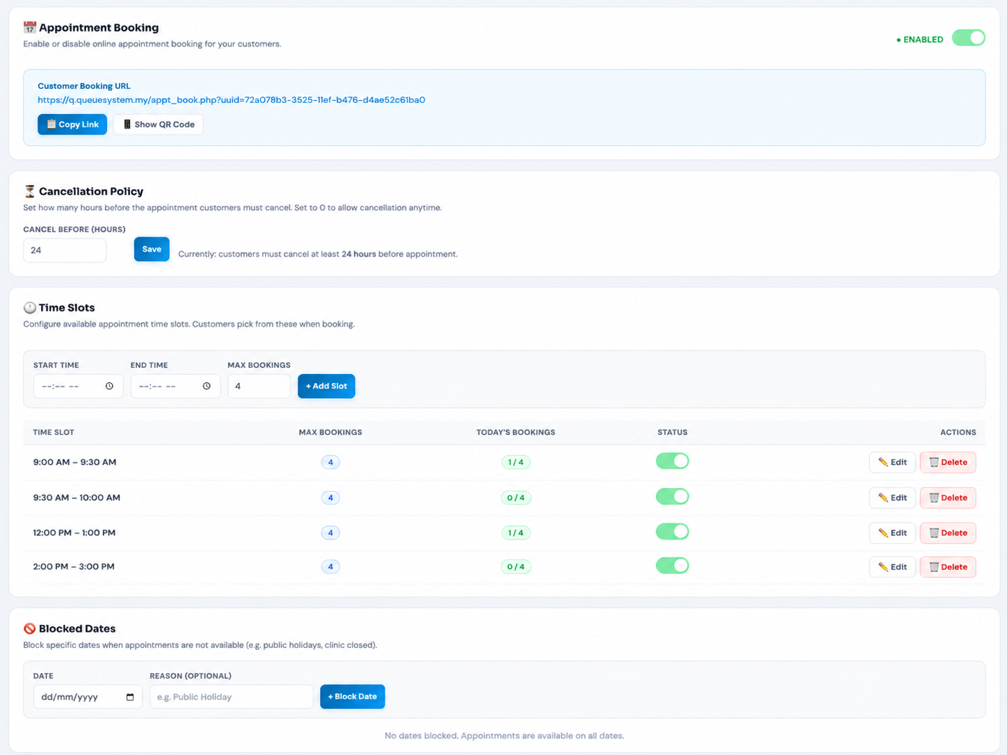 QMS Appointment Settings Page