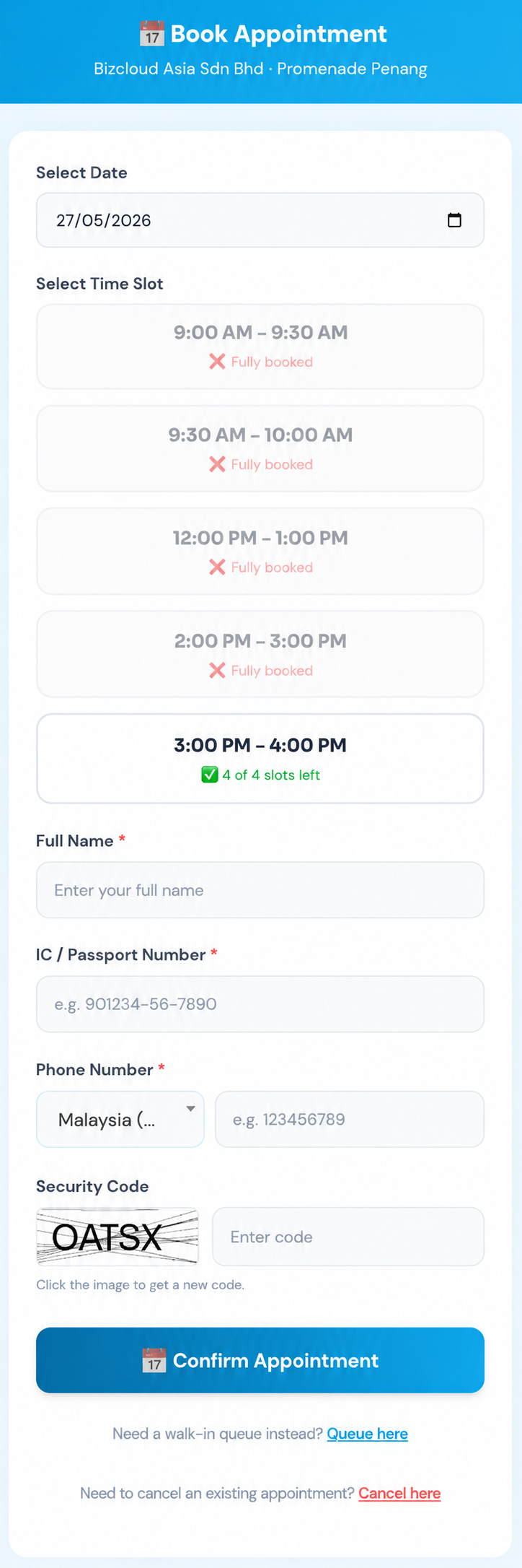 QMS Appointment Booking Page