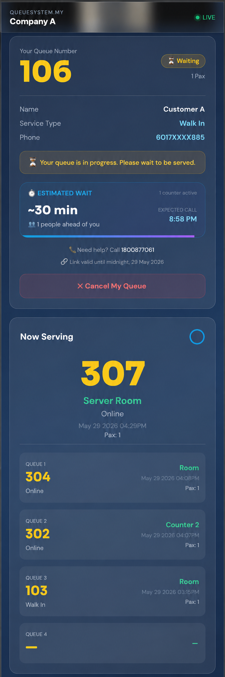 Cloud QMS customer queue status page on mobile showing queue number 106, waiting status, estimated wait time of 30 minutes, people ahead, expected call time, cancel my queue button, and now serving list
