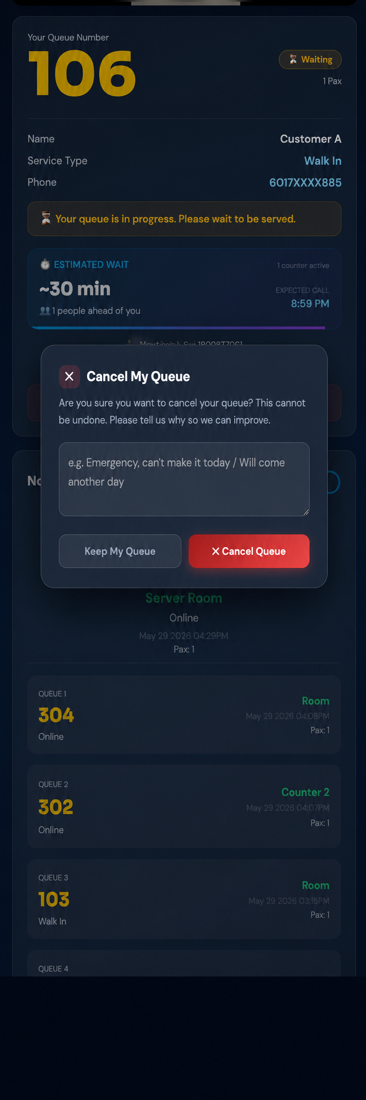 Cloud QMS Cancel My Queue confirmation dialog asking the customer to confirm cancellation and enter a reason, with Keep My Queue and Cancel Queue buttons