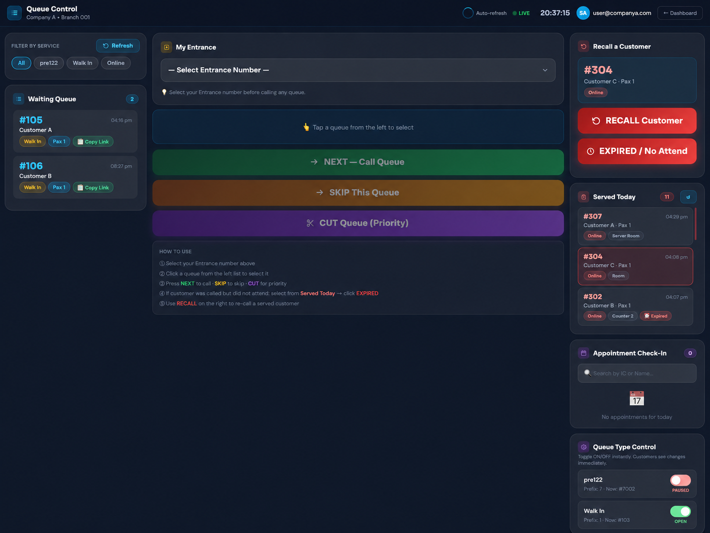 Cloud QMS staff queue control panel with Next, Skip, Cut Queue buttons, waiting queue list, recall customer, expired no-attend, served today, and appointment check-in panel